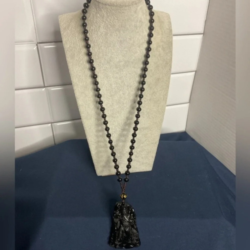 Natural Onyx Carved Pendant Wucai Shen Guan Gong Pendant Necklace